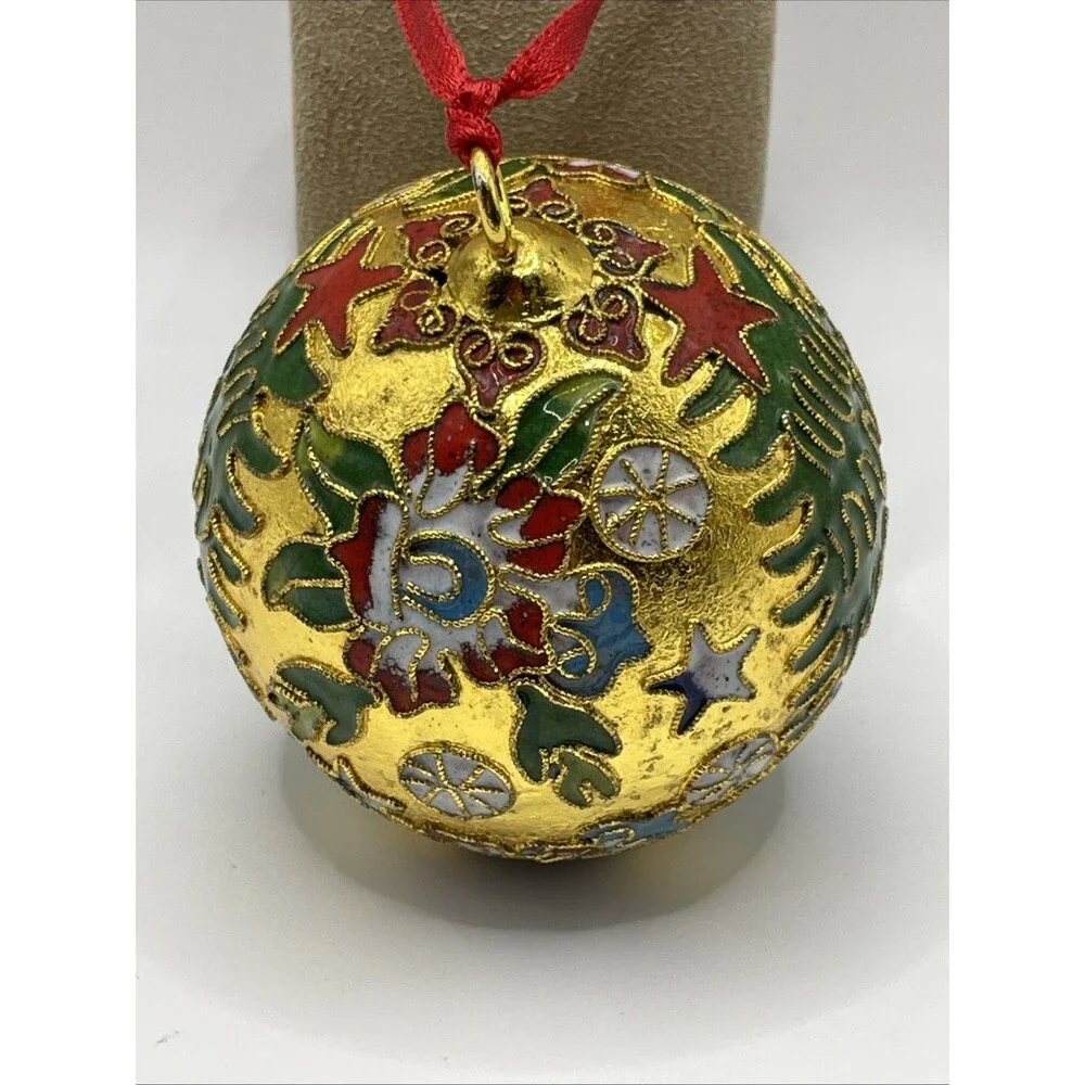 Cloisonne Gold Christmas Tree Ornament with Red Ribbon - Excellent Condition